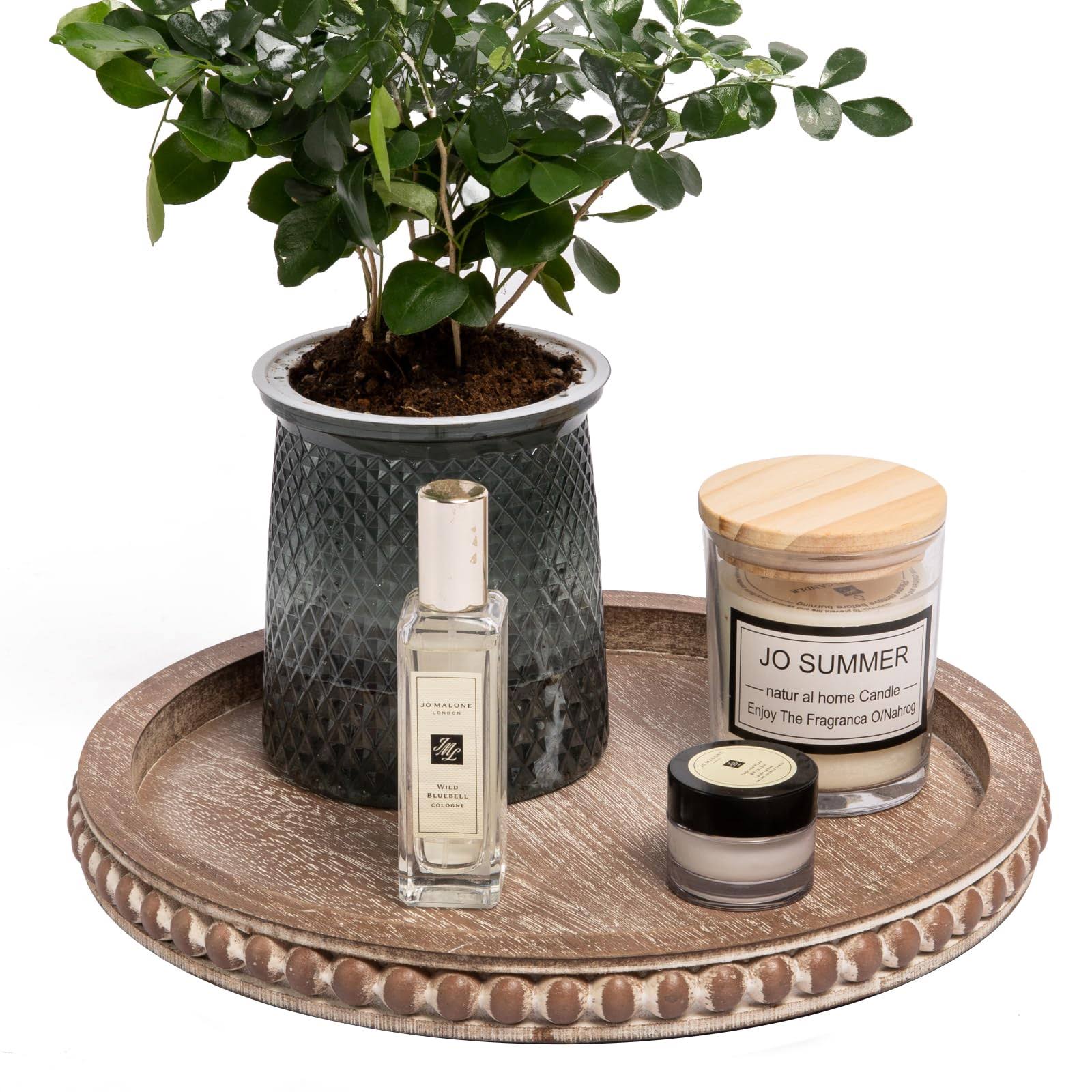 HPC Dec R Our Happy Place HPC Decor 12in Round Tray for Home Decor- Grey Wood Beaded Tray, Decorative Round Tray for Living Room Decor, Coffee Table