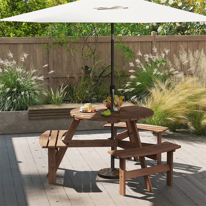 6-Person Round Wood Picnic Table Set with 3 Built-in Benches & 2" Umbrella Hole, Holds 1850 LBS, Outdoor Dining Table & Bench for Patio Garden