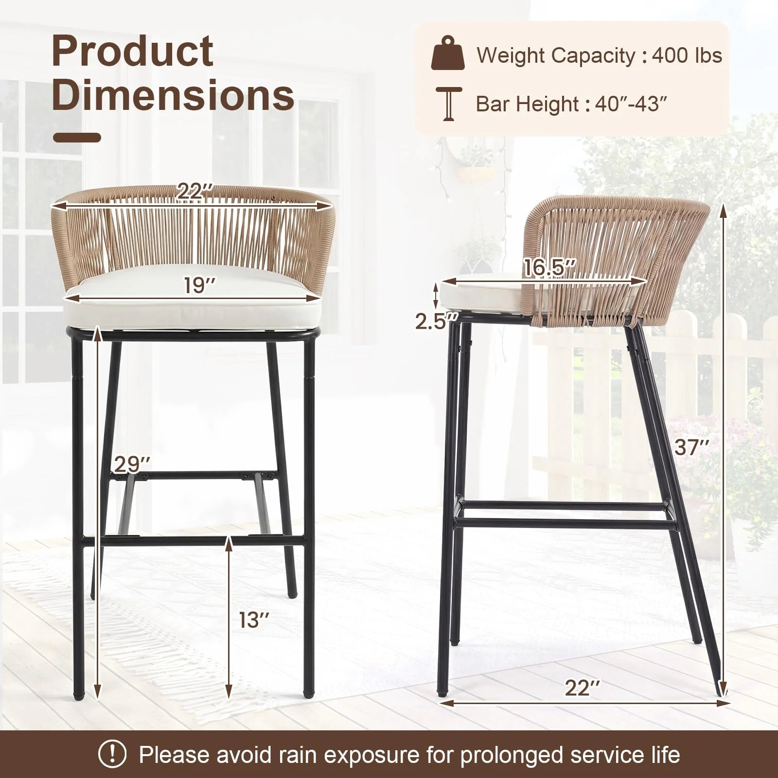 Tangkula Outdoor Bar Stools Set of 2/4 Bar Height Woven Rope Patio Chairs with Cushions and Backrests
