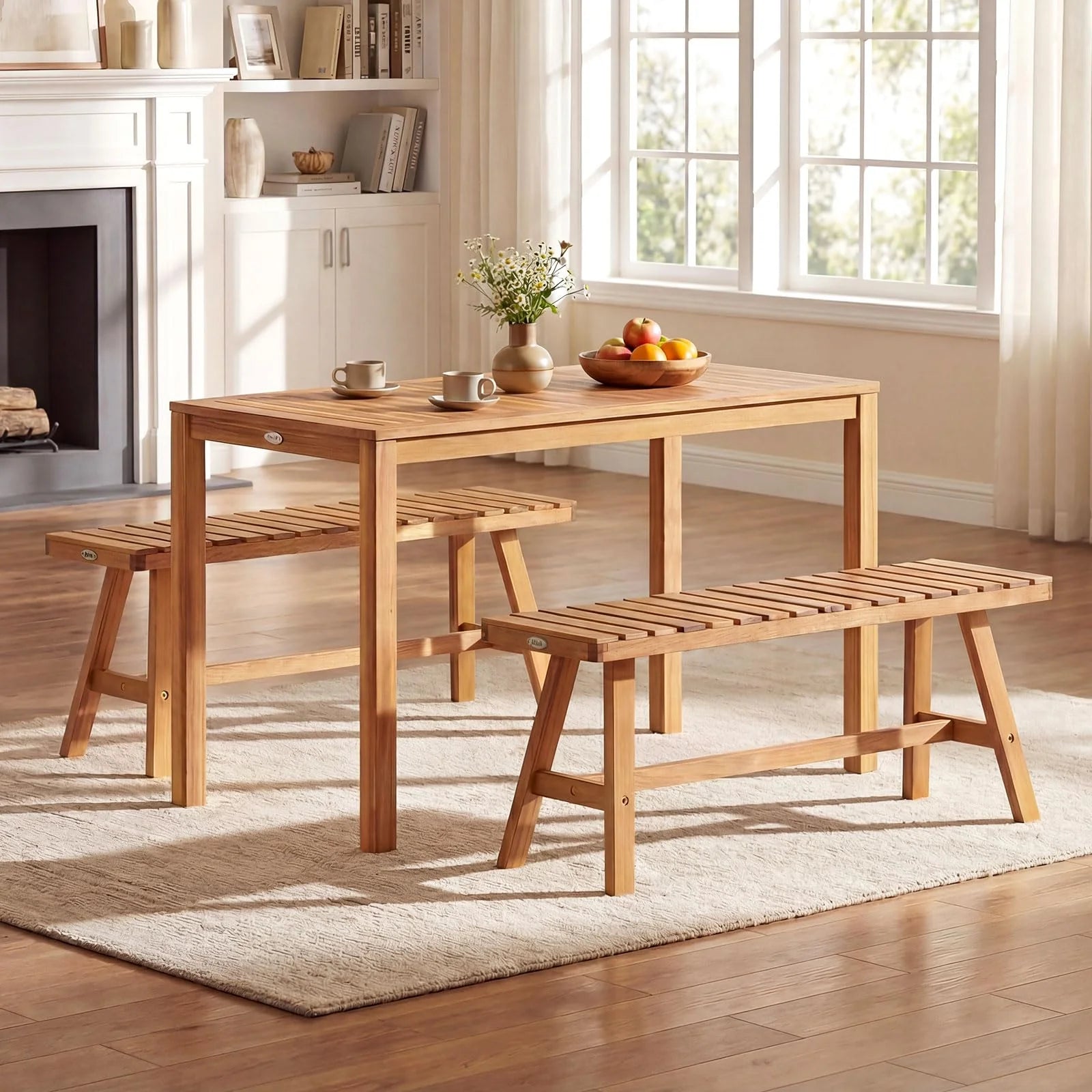 3 Pieces Acacia Wood Patio Dining Set Outdoor Rectangular Table and Benches with Slatted Seats