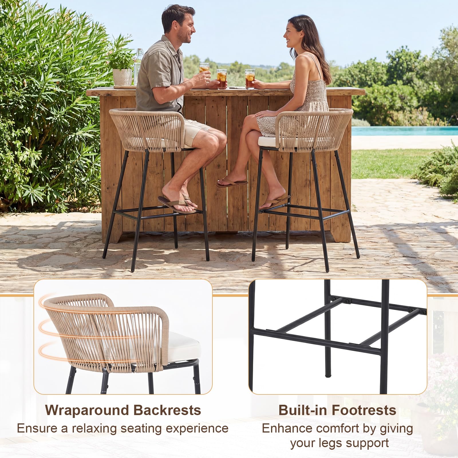Tangkula Outdoor Bar Stools Set of 2/4 Bar Height Woven Rope Patio Chairs with Cushions and Backrests