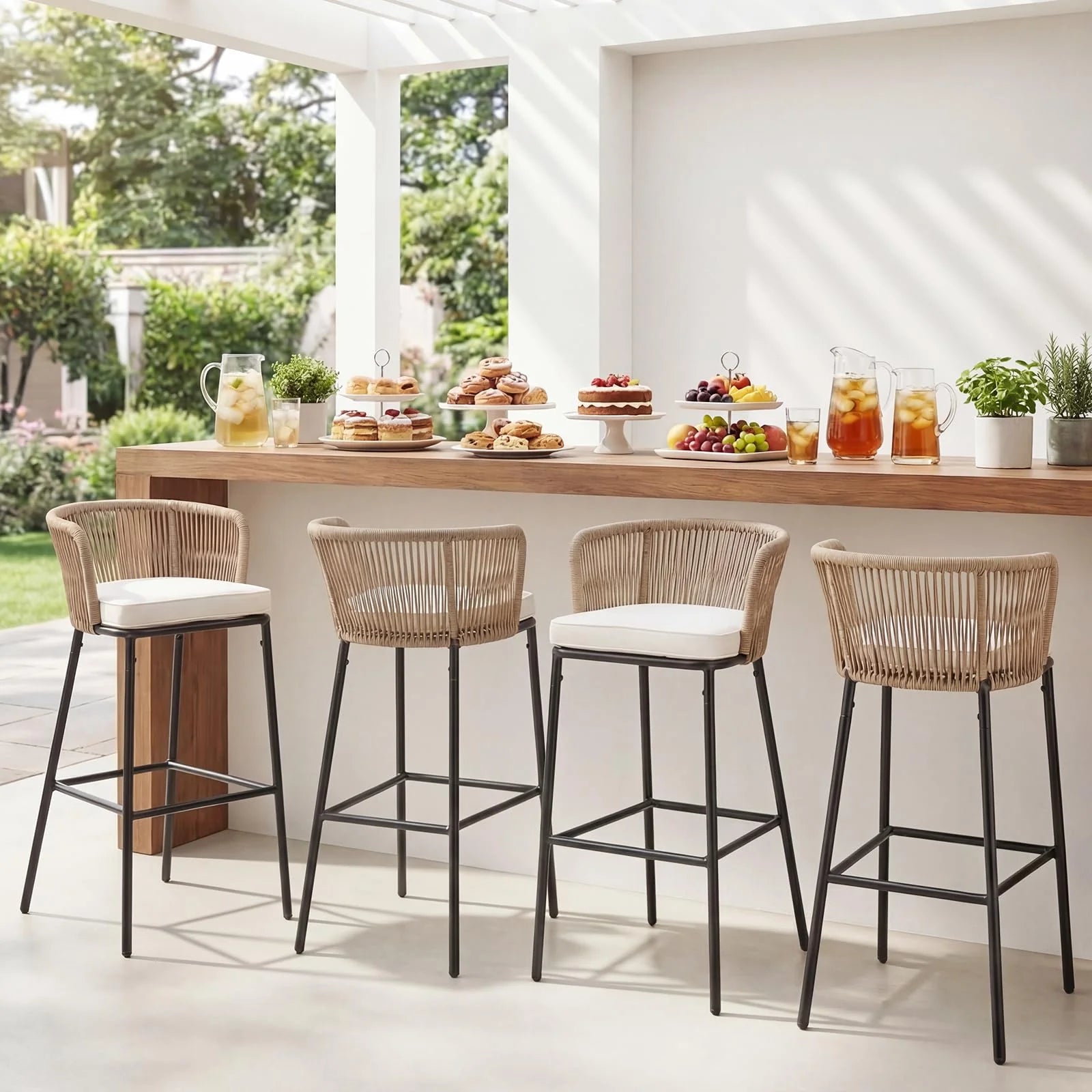 Tangkula Outdoor Bar Stools Set of 2/4 Bar Height Woven Rope Patio Chairs with Cushions and Backrests
