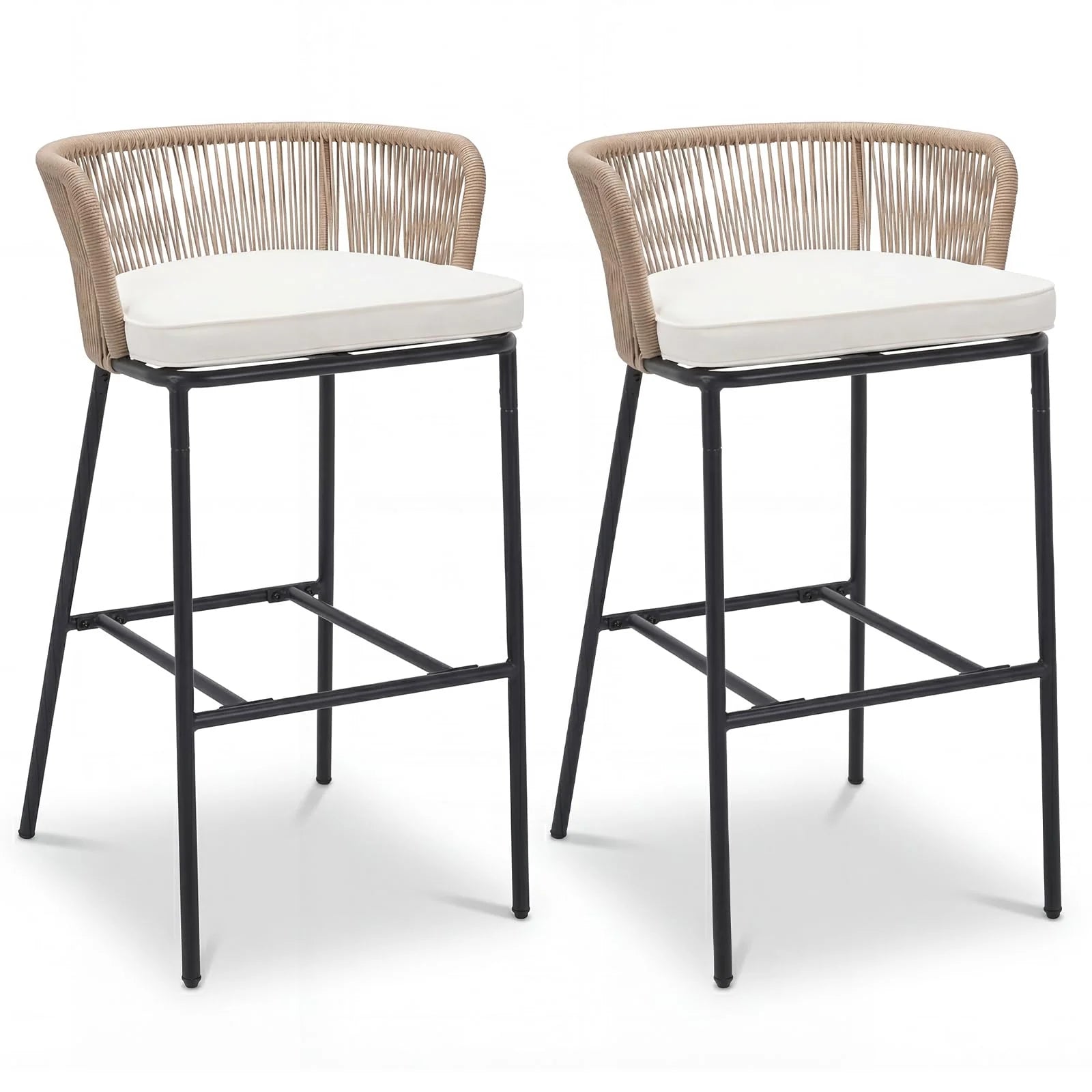 Tangkula Outdoor Bar Stools Set of 2/4 Bar Height Woven Rope Patio Chairs with Cushions and Backrests