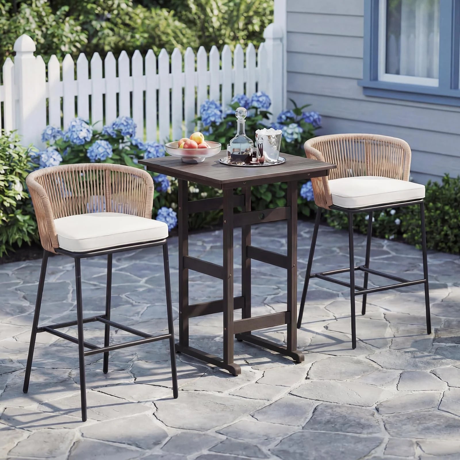 Tangkula Outdoor Bar Stools Set of 2/4 Bar Height Woven Rope Patio Chairs with Cushions and Backrests