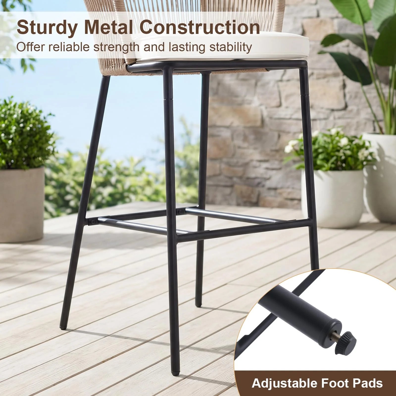 Tangkula Outdoor Bar Stools Set of 2/4 Bar Height Woven Rope Patio Chairs with Cushions and Backrests