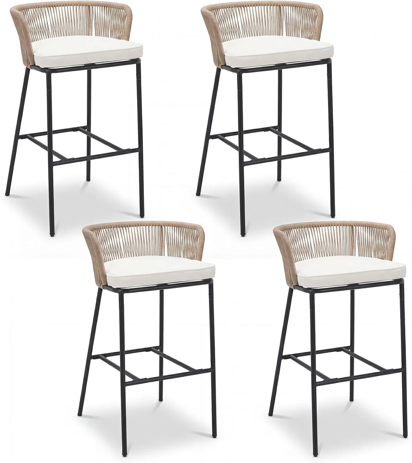Tangkula Outdoor Bar Stools Set of 2/4 Bar Height Woven Rope Patio Chairs with Cushions and Backrests